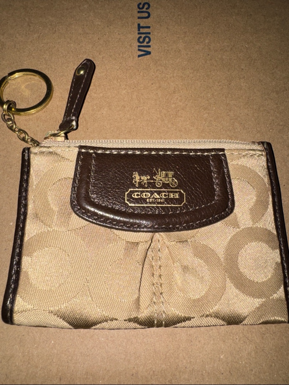 Coach Khaki and Brown Signature Card Case with Key Ring